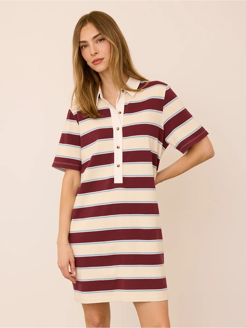 Gentle Fawn - Colbie - Striped Polo Shirt Dress - Burgundy and Cream - Women